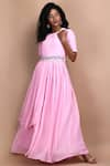 Buy_LABEL IVISH_Pink Silk Georgette Mandevilla Gathered Draped Dress With Belt  _at_Aza_Fashions