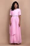 LABEL IVISH_Pink Silk Georgette Mandevilla Gathered Draped Dress With Belt  _Online_at_Aza_Fashions