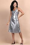 LABEL IVISH_Grey Fabric Embroidered Notched Metallica Dress  _Online_at_Aza_Fashions