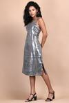 Buy_LABEL IVISH_Grey Fabric Embroidered Notched Metallica Dress  _Online_at_Aza_Fashions