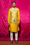 Buy_Chrkha_Yellow Chanderi Silk Printed Floral Kurta Set With Nehru Jacket _at_Aza_Fashions