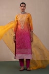Buy_Pink City By Sarika_Pink Organza, Mohair Embroidery Round Neck Ombre Bandhani Print Kurta Set _at_Aza_Fashions