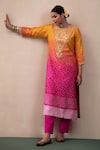 Shop_Pink City By Sarika_Pink Organza, Mohair Embroidery Round Neck Ombre Bandhani Print Kurta Set _Online_at_Aza_Fashions