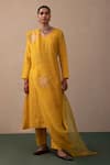 Buy_Pink City By Sarika_Yellow Silk, Chanderi, Organza Embroidery V-neck Chequered Kurta Pant Set _at_Aza_Fashions