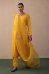 Pink City By Sarika_Yellow Silk, Chanderi, Organza Embroidery V-neck Chequered Kurta Pant Set _Online_at_Aza_Fashions