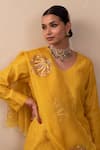 Shop_Pink City By Sarika_Yellow Silk, Chanderi, Organza Embroidery V-neck Chequered Kurta Pant Set _Online_at_Aza_Fashions
