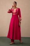 Pink City by Sarika_Pink Silk, Chanderi, Organza Gota Lotus Embroidered Bodice Anarkali Pant Set _Online