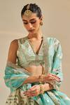 Studio Iris India_Green Organza Motifs V Neck Aurora Pattern Lehenga Set_Online_at_Aza_Fashions