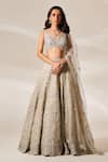 Buy_Studio Iris India_Beige Organza Embroidery Sequin Leaf Neck Amelia Bridal Lehenga Set _at_Aza_Fashions