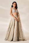 Studio Iris India_Beige Organza Embroidery Sequin Leaf Neck Amelia Bridal Lehenga Set _Online_at_Aza_Fashions