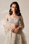 Buy_Studio Iris India_Beige Organza Embroidery Sequin Leaf Neck Amelia Bridal Lehenga Set _Online_at_Aza_Fashions