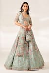 Buy_Studio Iris India_Green Organza Embroidery Sequin V Juliet Floral Bridal Lehenga Set _at_Aza_Fashions