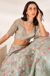 Studio Iris India_Green Organza Embroidery Sequin V Juliet Floral Bridal Lehenga Set _Online_at_Aza_Fashions