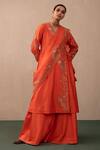 Shop_Pink City by Sarika_Orange Silk, Chanderi, Organza Zari, Sequins, Embroidery Angrakha Kurta Set 