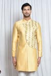 Shop_Aryavir Malhotra_Gold Sherwani Jacquard Woven Geometric Set _Online_at_Aza_Fashions