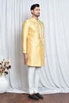 Aryavir Malhotra_Gold Sherwani Jacquard Woven Geometric Set _at_Aza_Fashions