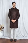 Buy_Aryavir Malhotra_Maroon Sherwani Velvet Embroidery Thread Set _at_Aza_Fashions