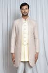 Aryavir Malhotra_Cream Sherwani Silk Embroidery Thread Sequin Set _at_Aza_Fashions