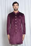 Shop_Aryavir Malhotra_Wine Sherwani Velvet Plain Set _Online_at_Aza_Fashions