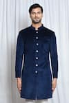 Shop_Aryavir Malhotra_Blue Sherwani Velvet Plain Solid Set _Online_at_Aza_Fashions