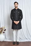 Buy_Aryavir Malhotra_Black Sherwani Velvet Plain Sequin And Thread Embroidered Set _at_Aza_Fashions