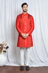 Buy_Aryavir Malhotra_Red Sherwani Silk Woven Geometric Placement Set_at_Aza_Fashions