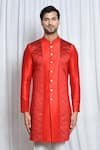 Shop_Aryavir Malhotra_Red Sherwani Silk Woven Geometric Placement Set_Online_at_Aza_Fashions