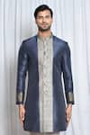 Shop_Aryavir Malhotra_Grey Sherwani Silk Woven Floral Butta Set_Online_at_Aza_Fashions
