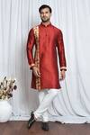 Buy_Arihant Rai Sinha_Maroon Silk Printed Chevron Patch Work Kurta _at_Aza_Fashions