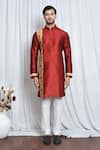 Buy_Arihant Rai Sinha_Maroon Silk Printed Chevron Patch Work Kurta _Online_at_Aza_Fashions