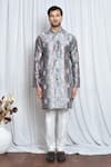 Buy_Aryavir Malhotra_Grey Silk Printed Mughal Mandarin Collar Kurta _Online_at_Aza_Fashions