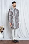 Aryavir Malhotra_Grey Silk Printed Mughal Mandarin Collar Kurta _at_Aza_Fashions