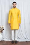 Buy_Aryavir Malhotra_Yellow Silk Plain Mandarin Collar Kurta _Online_at_Aza_Fashions