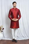 Buy_Aryavir Malhotra_Red Sherwani Jacquard Woven And Embroidered Chevron Pattern & Sequin Layered Set _at_Aza_Fashions