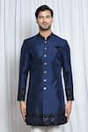 Shop_Aryavir Malhotra_Blue Sherwani Silk Embroidered Cut Dana And Sequin Work Placement Set _Online_at_Aza_Fashions