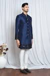 Aryavir Malhotra_Blue Sherwani Silk Embroidered Cut Dana And Sequin Work Placement Set _at_Aza_Fashions