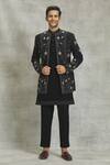 Buy_Nero By Shaifali And Satya_Black Suiting Fabric Hand Embroidered Floral Jacket Kurta Set_at_Aza_Fashions