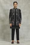 Shop_Nero By Shaifali And Satya_Black Suiting Fabric Hand Embroidered Floral Jacket Kurta Set_Online_at_Aza_Fashions