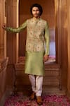 Buy_Kalista_Green Bundi Raw Silk Printed Floral Rehan Kurta Set _at_Aza_Fashions