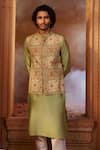 Kalista_Green Bundi Raw Silk Printed Floral Rehan Kurta Set _Online_at_Aza_Fashions