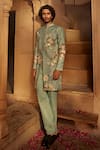 Buy_Kalista_Blue Sherwani Raw Silk Floral Saif Pattern Set _Online_at_Aza_Fashions