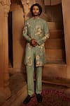 Shop_Kalista_Blue Sherwani Raw Silk Floral Saif Pattern Set _Online_at_Aza_Fashions