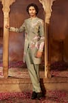 Shop_Kalista_Beige Sherwani Raw Silk Floral Aadar Pattern Set_Online_at_Aza_Fashions