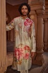 Shop_Kalista_Green Chanderi Print Floral Roshan Kurta With Churidar _Online_at_Aza_Fashions