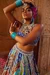 Shop_Kalista_Blue Blouse And Lehenga Raw Silk Print Floral Jaal Scoop Aadhya Bridal Set _Online_at_Aza_Fashions