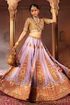 Buy_Kalista_Purple Blouse And Lehenga Raw Silk Print Paisley V Neck Kimaya Bridal Set _at_Aza_Fashions