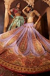 Kalista_Purple Blouse And Lehenga Raw Silk Print Paisley V Neck Kimaya Bridal Set _at_Aza_Fashions