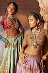 Kalista_Blue Blouse And Lehenga Raw Silk Print Paisley V Neck Kimaya Bridal Set _at_Aza_Fashions