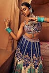 Kalista_Blue Blouse And Lehenga Raw Silk Print Persian Square Mehvish Bridal Set _at_Aza_Fashions