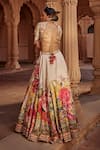 Shop_Kalista_Beige Blouse And Lehenga Raw Silk Print Floral Round Manya Bloom Bridal Set _at_Aza_Fashions